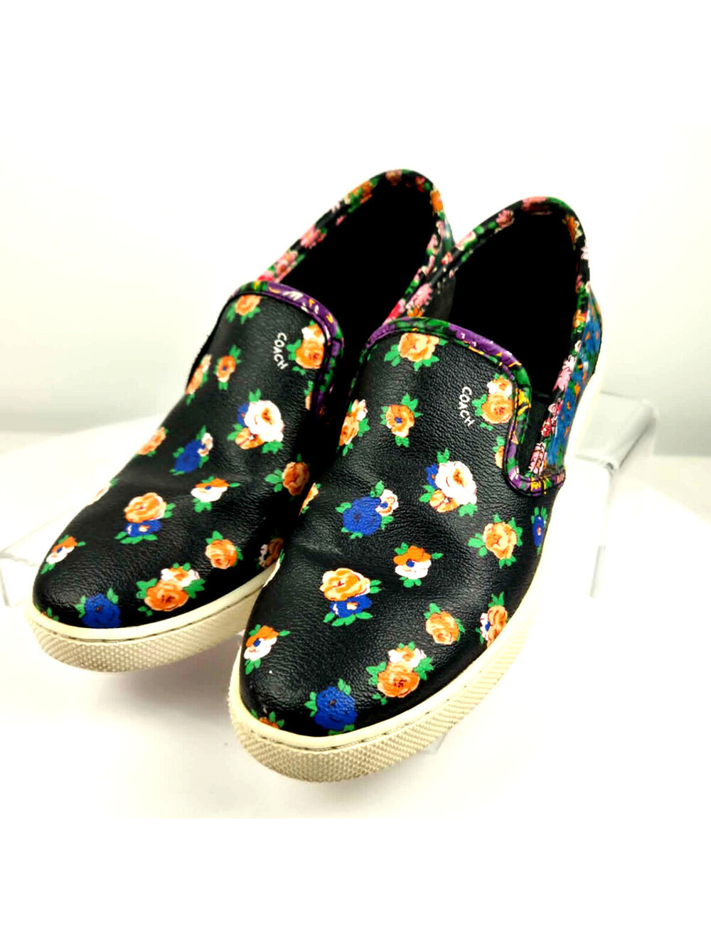 Coach Floral Print Black Leather Slip On Sneakers Womens 7.5B EU 37.5